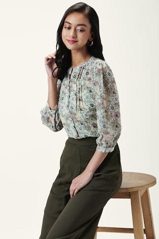 olive-floral-printed-casual-3/4th-sleeves-slit-neck-women-comfort-fit-shirt