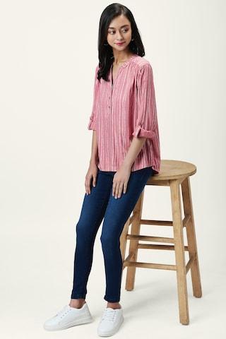 pink-stripe-casual-3/4th-sleeves-slit-neck-women-comfort-fit-shirt