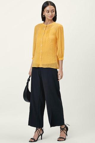 yellow-self-design-casual-3/4th-sleeves-band-collar-women-comfort-fit-shirt