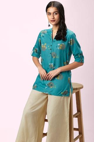 turquoise-printed-casual-3/4th-sleeves-mandarin-women-regular-fit-tunic