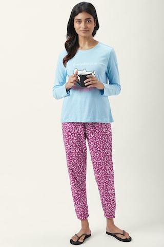 medium-blue-printeded-round-neck-full-sleeves-women-comfort-fit-t-shirt-&-pyjama-set