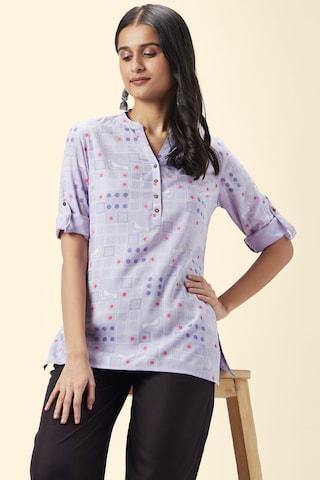 lilac-printed-casual-3/4th-sleeves-mandarin-women-regular-fit-tunic