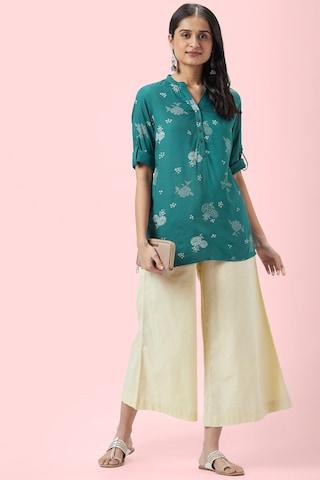 teal-printed-casual-3/4th-sleeves-mandarin-women-regular-fit-tunic