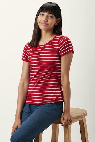 red-stripe-sleepwear-short-sleeves-round-neck-women-comfort-fit-top