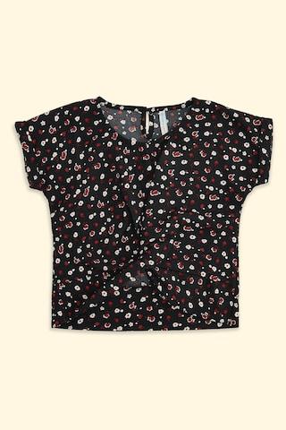 black-floral-printed-casual-short-sleeves-round-neck-girls-regular-fit-top