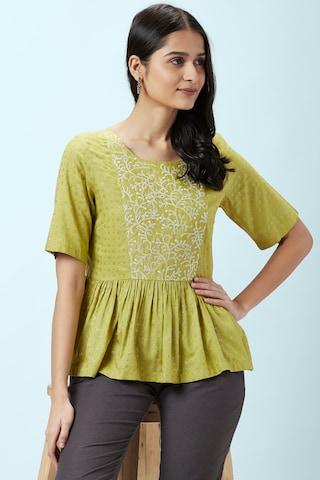 green-embroidered-ethnic-half-sleeves-round-neck-women-regular-fit-top