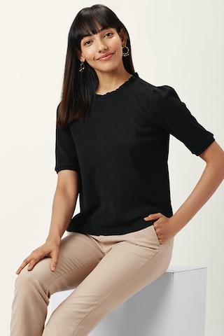 black-solid-formal-elbow-sleeves-round-neck-women-regular-fit-top