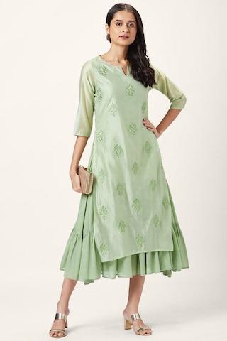 green-embroidered-round-neck-ethnic-full-length-3/4th-sleeves-women-regular-fit-dress