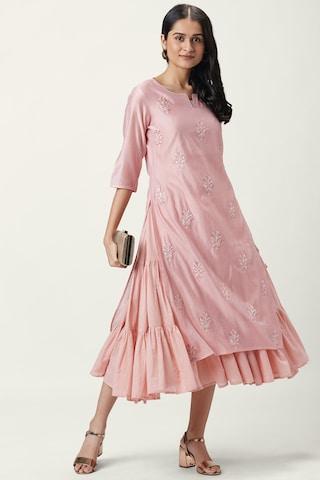 pink-embroidered-round-neck-ethnic-calf-length-3/4th-sleeves-women-regular-fit-dress