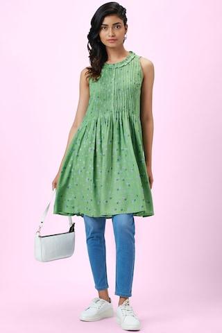 green-printed-casual-sleeveless-round-neck-women-flared-fit-tunic