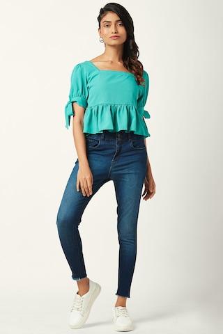 green-solid-casual-half-sleeves-square-neck-women-regular-fit-top