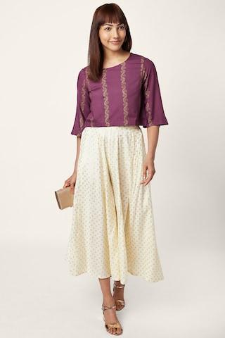 wine-printed-ethnic-3/4th-sleeves-round-neck-women-regular-fit-tunic