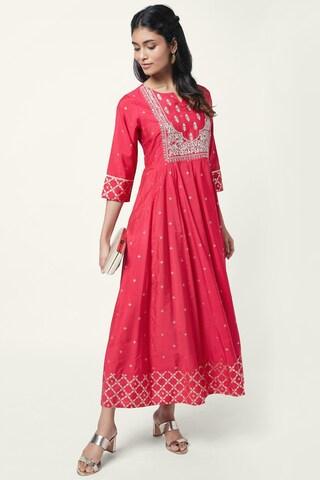 pink-embroidered-round-neck-ethnic-ankle-length-3/4th-sleeves-women-regular-fit-dress
