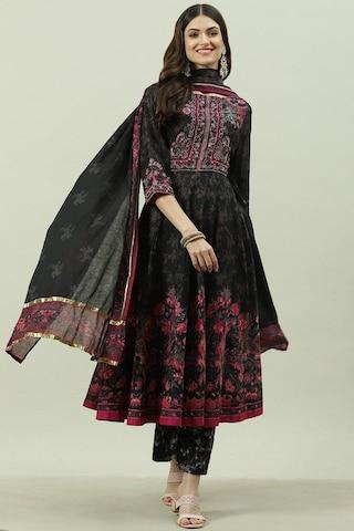 black-printed-casual-round-neck-3/4th-sleeves-ankle-length-women-flared-fit-kurta-dupatta-palazzo-set