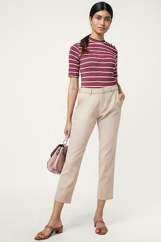 maroon-stripe-formal-half-sleeves-high-neck-women-regular-fit-top