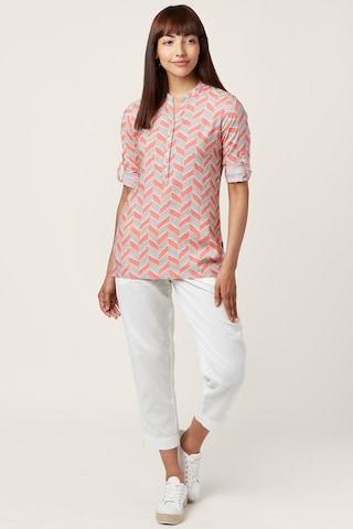 turquoise-printed-casual-3/4th-sleeves-mandarin-women-regular-fit-tunic