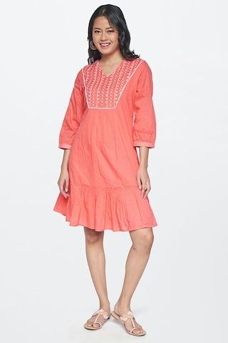 peach-solid-casual-3/4th-sleeves-v-neck-women-flared-fit-tunic