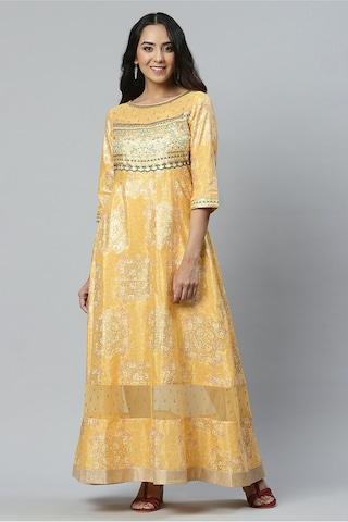 light-yellow-printeded-round-neck-casual-ankle-length-3/4th-sleeves-women-regular-fit-dress