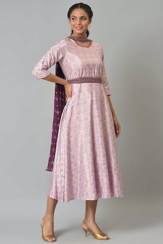 lilac-print-round-neck-ethnic-calf-length-3/4th-sleeves-women-a-line-fit-dress