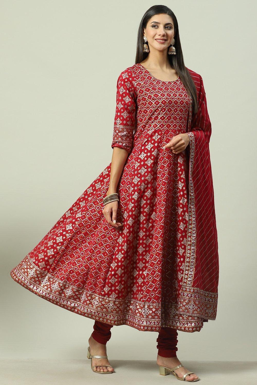 red-printed-ethnic-round-neck-3/4th-sleeves-ankle-length-women-flared-fit-churidar-kurta-dupatta-set