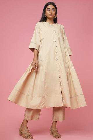 beige-solid-round-neck-casual-calf-length-3/4th-sleeves-women-flared-fit-dress