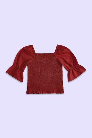 red-solid-casual-3/4th-sleeves-square-neck-girls-regular-fit-top