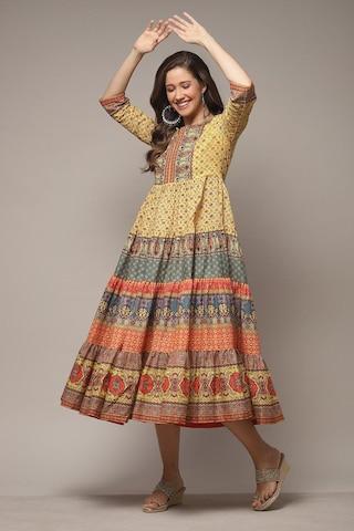 light-yellow-printed-round-neck-casual-calf-length-3/4th-sleeves-women-tiered-fit-dress