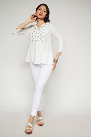 white-embroidered-formal-3/4th-sleeves-v-neck-women-flared-fit-top