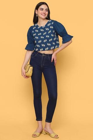 navy-embroidered-fusion-half-sleeves-round-neck-women-regular-fit-top