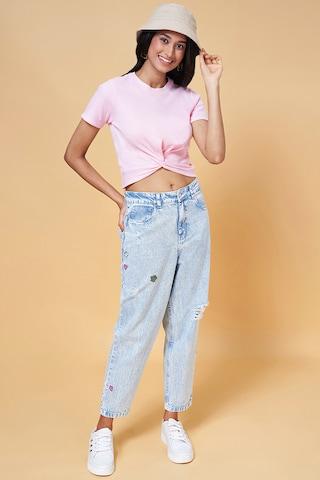 pink-solid-casual-half-sleeves-round-neck-women-slim-fit-top