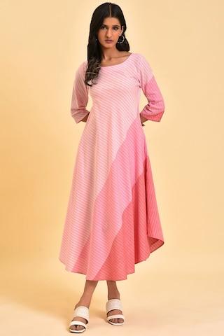 pink-stripe-round-neck-casual-calf-length-3/4th-sleeves-women-regular-fit-dress
