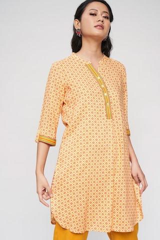 orange-printed-casual-3/4th-sleeves-mandarin-women-regular-fit-tunic