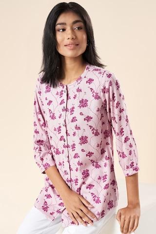 lilac-print-casual-3/4th-sleeves-mandarin-women-regular-fit--tunic