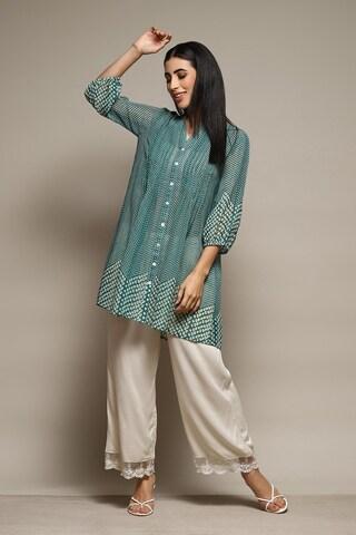 teal-print-casual-3/4th-sleeves-mandarin-women-straight-fit-tunic