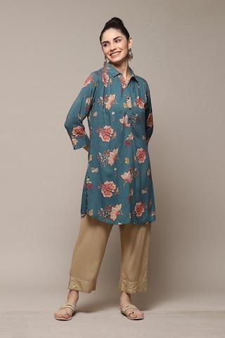 teal-print-casual-3/4th-sleeves-regular-collar-women-straight-fit-tunic