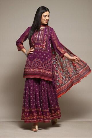 purple-print-ethnic-3/4th-sleeves-round-neck-women-straight-fit-kurta-sharara-dupatta-set