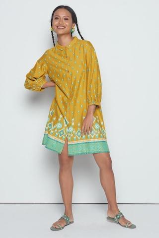 yellow-ochre-print-casual-3/4th-sleeves-regular-collar-women-regular-fit-tunic