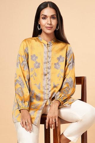 yellow-print-casual-full-sleeves-mandarin-women-straight-fit--tunic