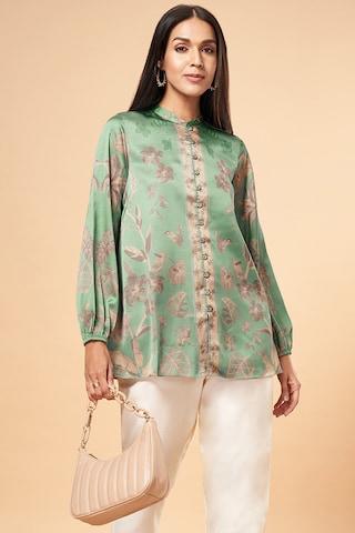 green-print-casual-full-sleeves-mandarin-women-straight-fit--tunic