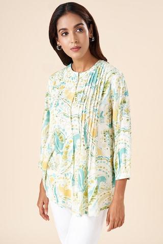turquoise-print-casual-3/4th-sleeves-mandarin-women-regular-fit--tunic