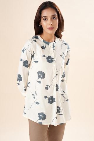 off-white-print-casual-3/4th-sleeves-mandarin-women-regular-fit--tunic
