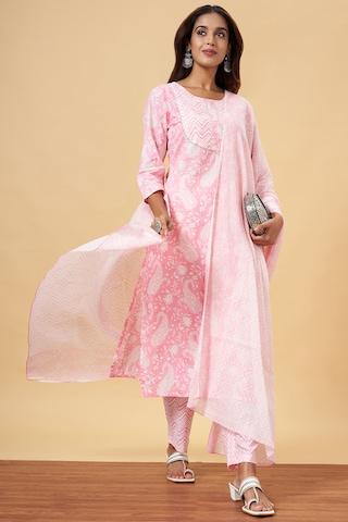 pink-print-casual-3/4th-sleeves-round-neck-women-regular-fit--pant-kurta-dupatta-set