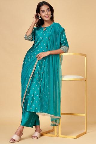 turquoise-embroidered-ethnic-3/4th-sleeves-round-neck-women-regular-fit--pant-kurta-dupatta-set