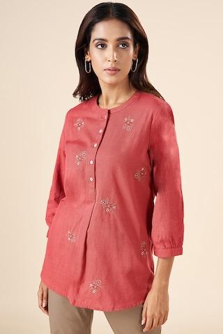 rust-embroidered-casual-3/4th-sleeves-mandarin-women-regular-fit--tunic