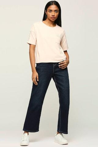 peach-solid-casual-short-sleeves-round-neck-women-regular-fit-t-shirt