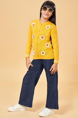 yellow-self-design-casual-full-sleeves-round-neck-girls-regular-fit--sweater