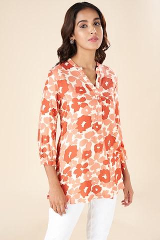 red-print-casual-3/4th-sleeves-mandarin-women-regular-fit--tunic