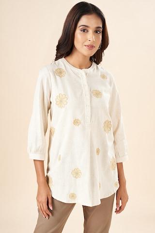 cream-print-casual-3/4th-sleeves-mandarin-collar-women-regular-fit--tunic