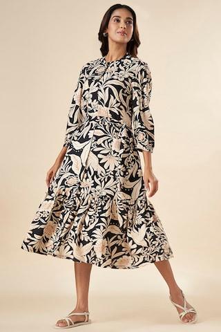 charcoal-print-mandarin-casual-calf-length-3/4th-sleeves-women-flared-fit-dress