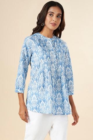 medium-blue-print-casual-3/4th-sleeves-mandarin-women-regular-fit--tunic